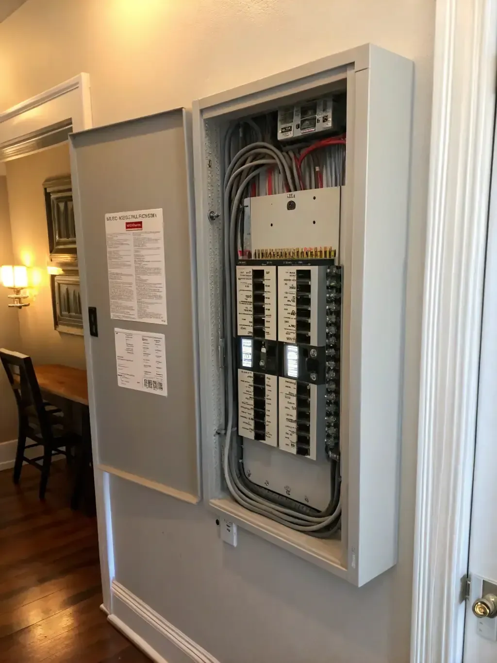 Open electrical breaker panel in a hallway with labeled switches and exposed wiring.