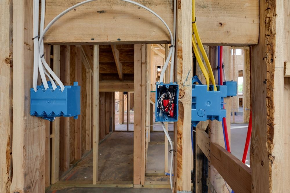 Framed house interior with blue electrical boxes and exposed wiring under construction
