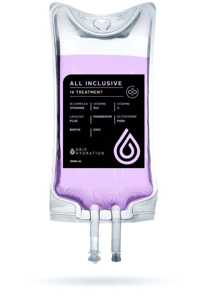 Clear IV fluid bag with purple liquid and label on white background
