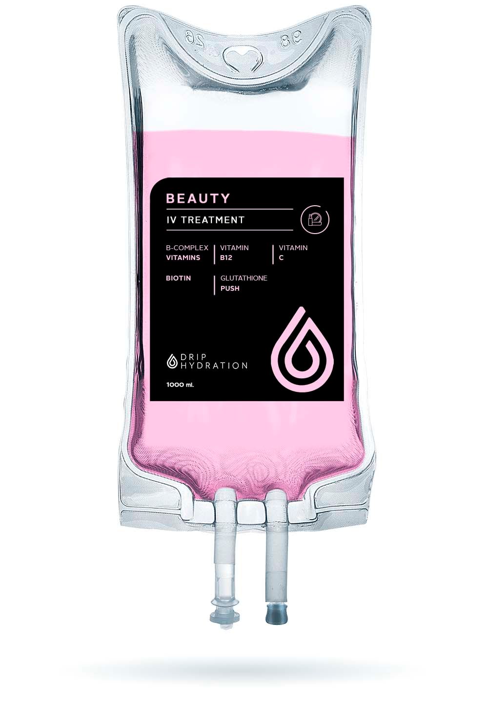 Clear IV bag filled with pink fluid, labeled for beauty, with two tubes at the bottom