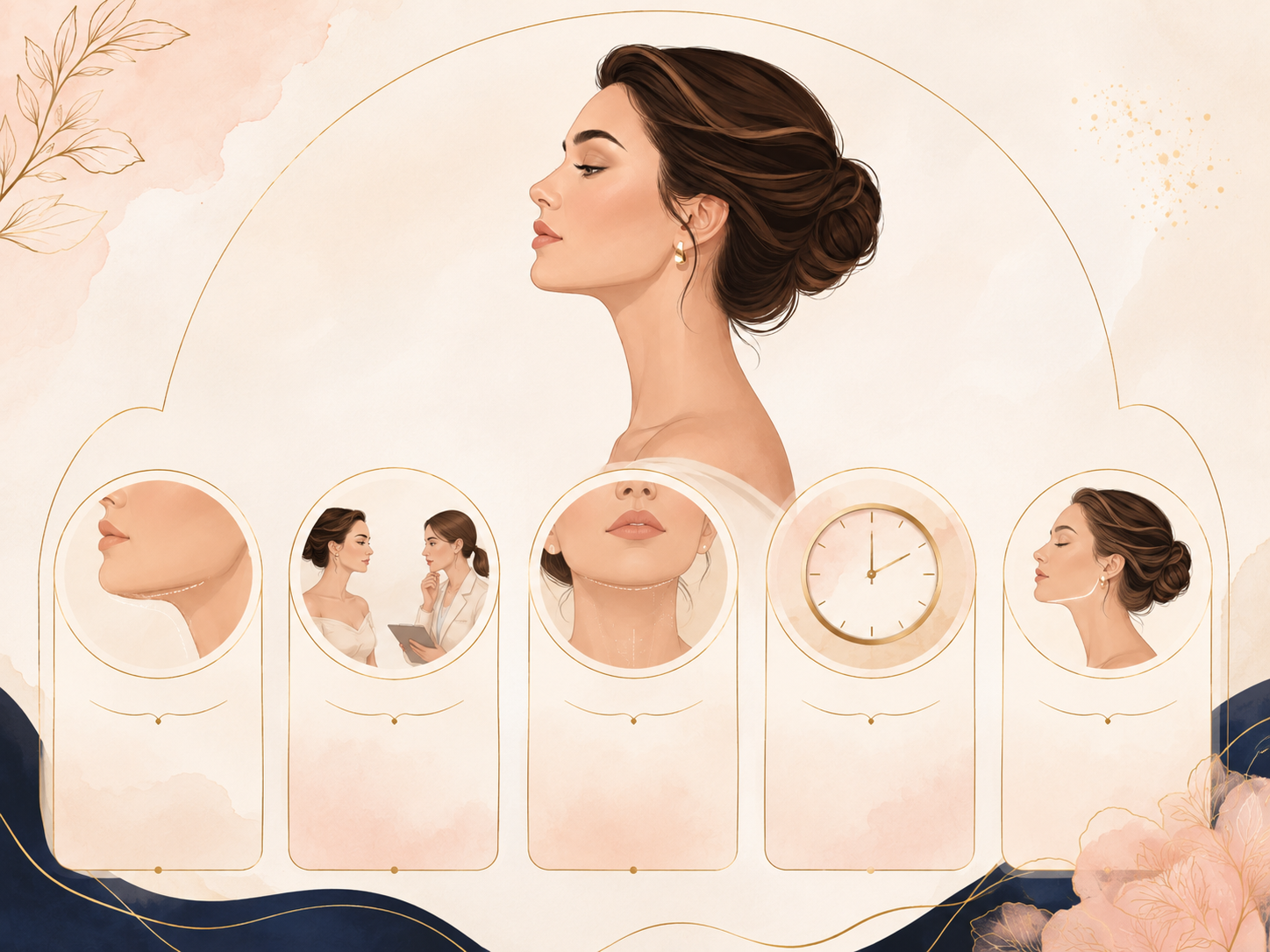 Illustrated beauty timeline with a woman's profile, hairstyles, facial stages, and a clock on a soft peach background