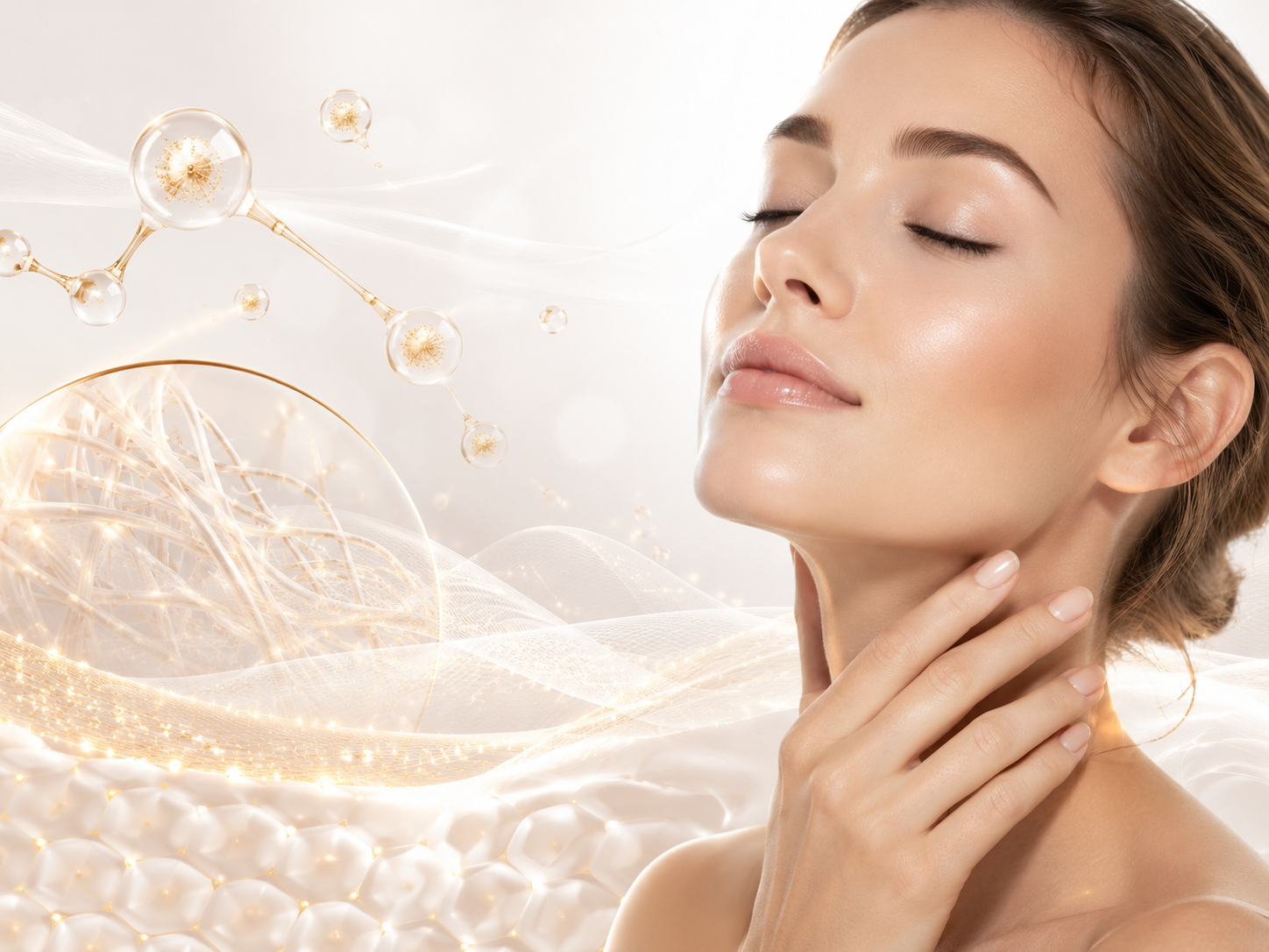 Line-art profile of a woman with molecular nodes and flowing gold and blue waves beneath her chin