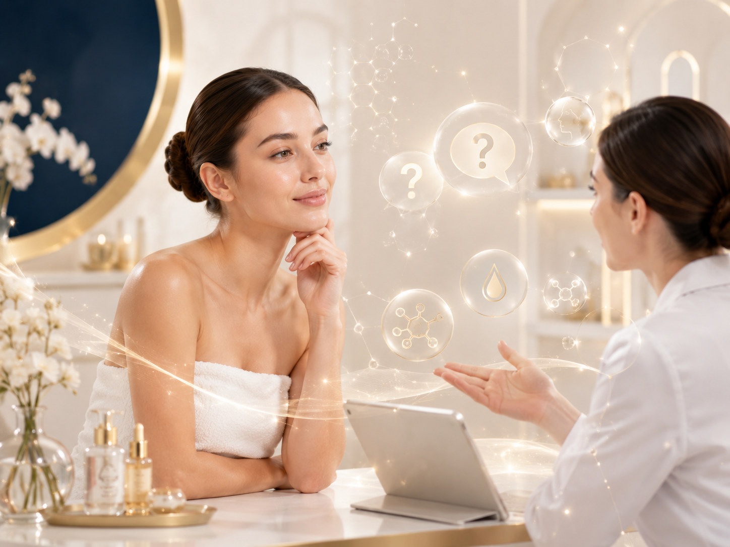 Woman consulting a skincare professional at a desk with serum bottles and a laptop, surrounded by glowing question icons