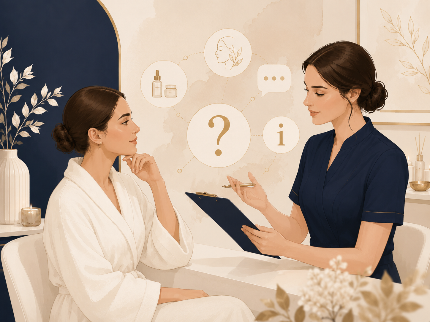 Two women in a spa-like room, one consulting a clipboard while seated in a robe
