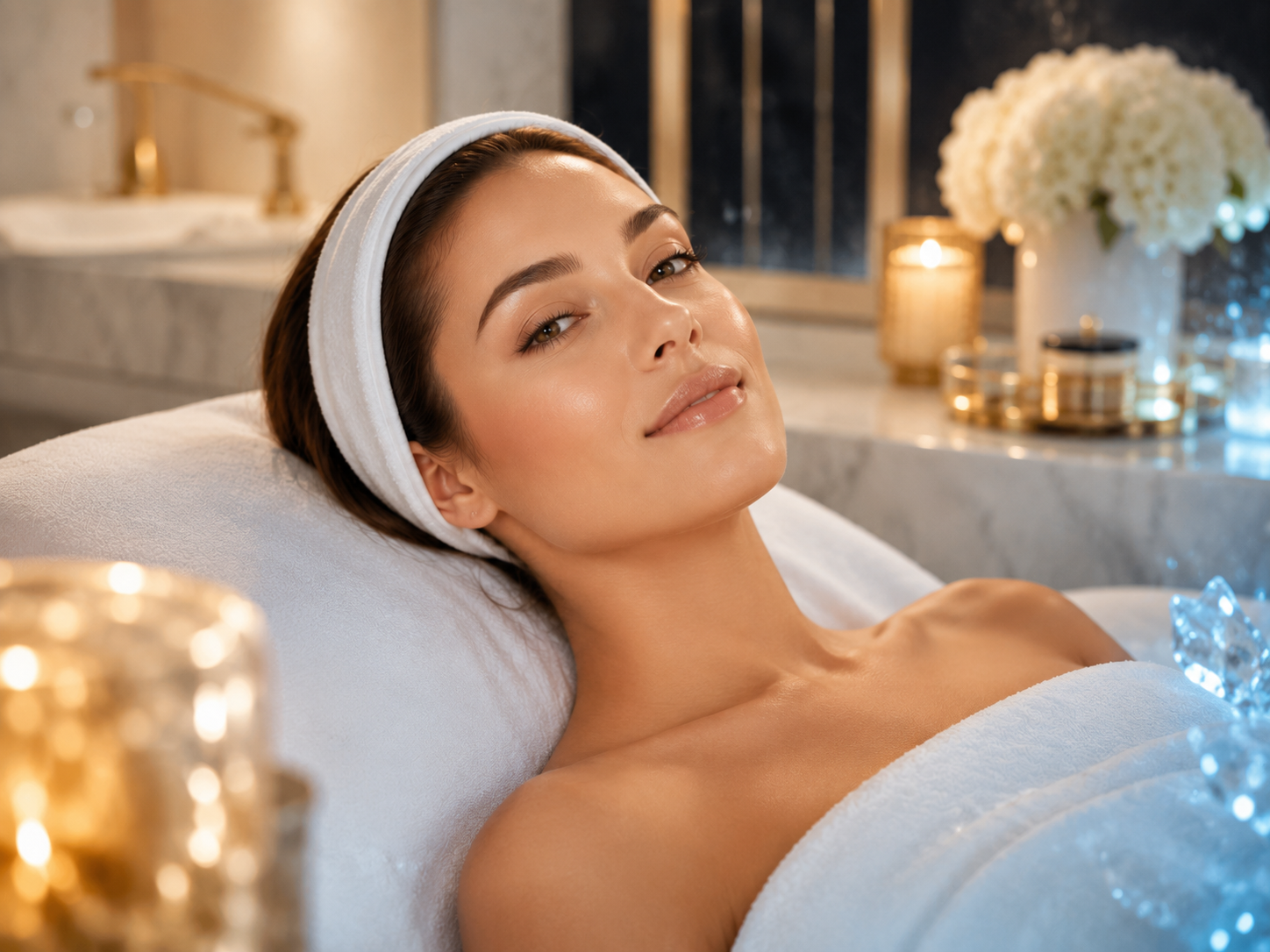 Line-art face with towel wrap, closed eyes, hand on cheek, flanked by flame and snowflake icons