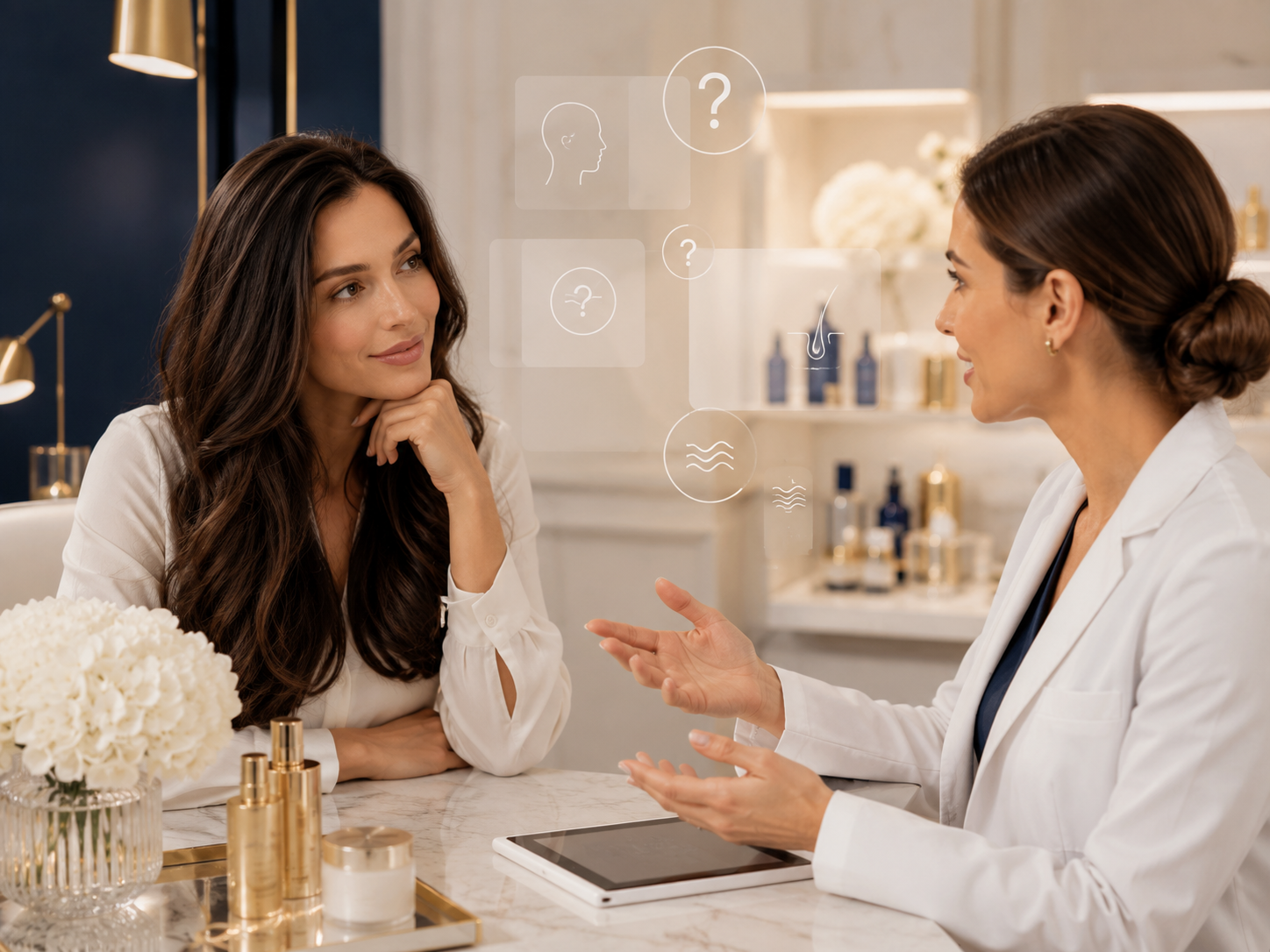 Woman speaking with a beauty consultant at a makeup counter, with cosmetics displayed on the table.