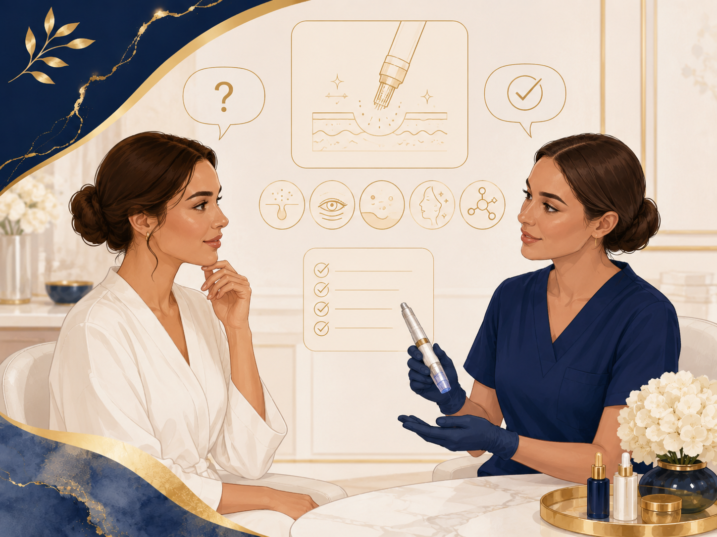 Two women in a spa consultation, one holding a beauty device, with skincare charts on the wall.