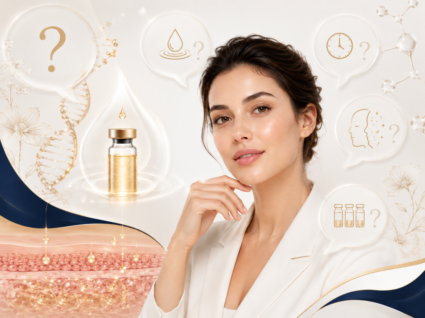 Beauty ad with woman beside gold skincare bottle, soft beige tones and decorative icons