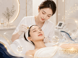 Stylized line-art face with closed eyes, gold drop and fish, suggesting skincare or wellness logo