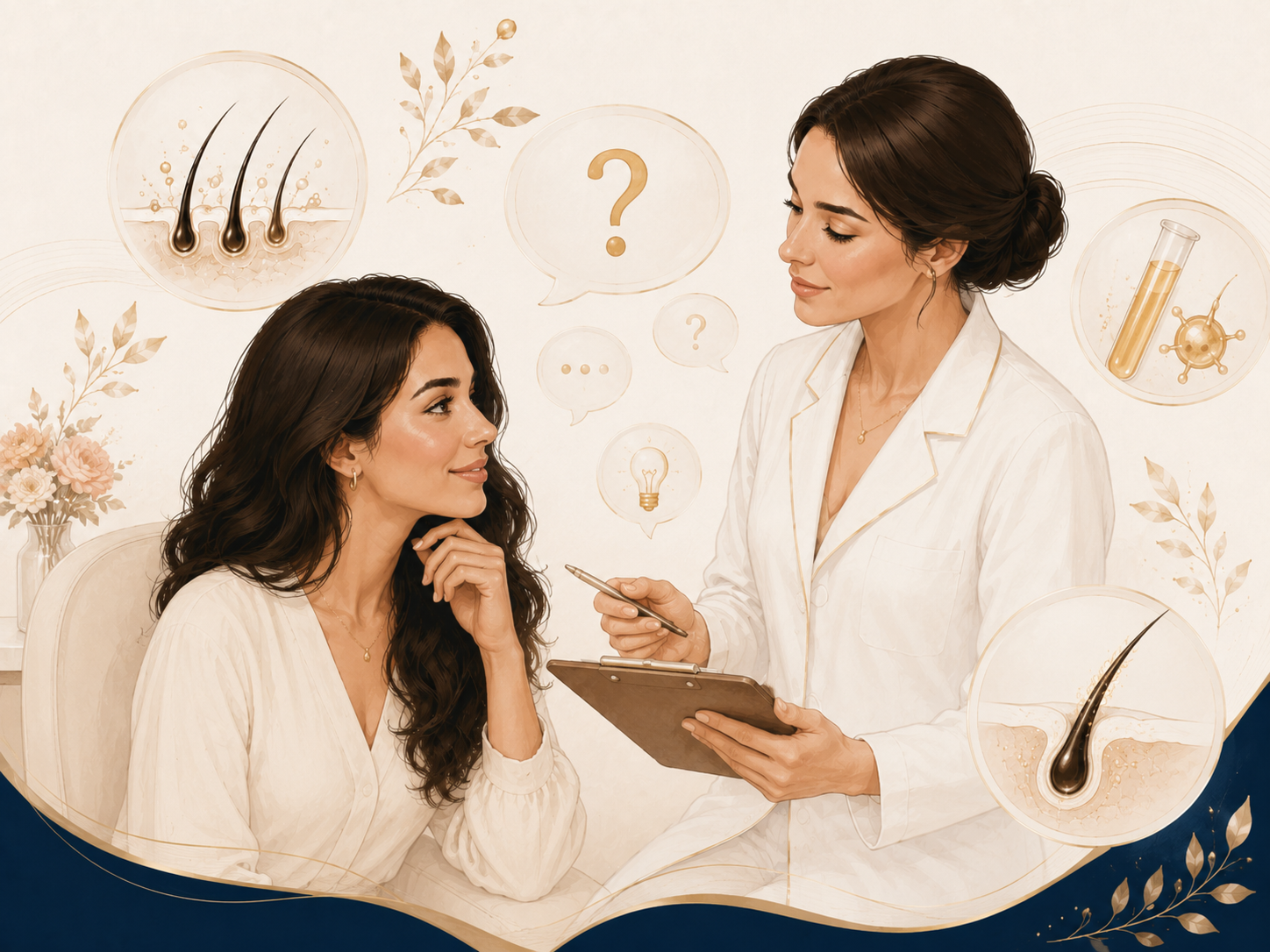 Two women in white consulting in a soft beige spa-like setting, with hair-care icons around them
