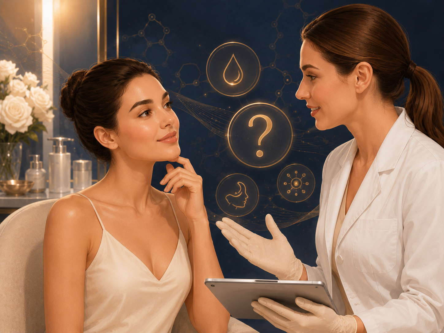 Woman receiving a facial consultation from a clinician in a spa-like treatment room, with skincare icons in the background