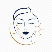 Line-art facial massage illustration with a hand on the neck and gold accent circles.