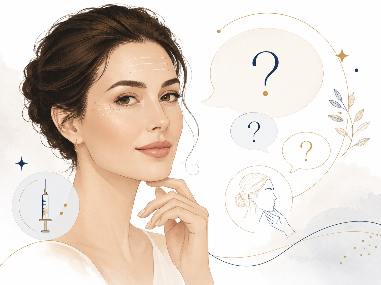 Woman with elegant updo and white blouse, surrounded by question marks and skincare icons on a white background