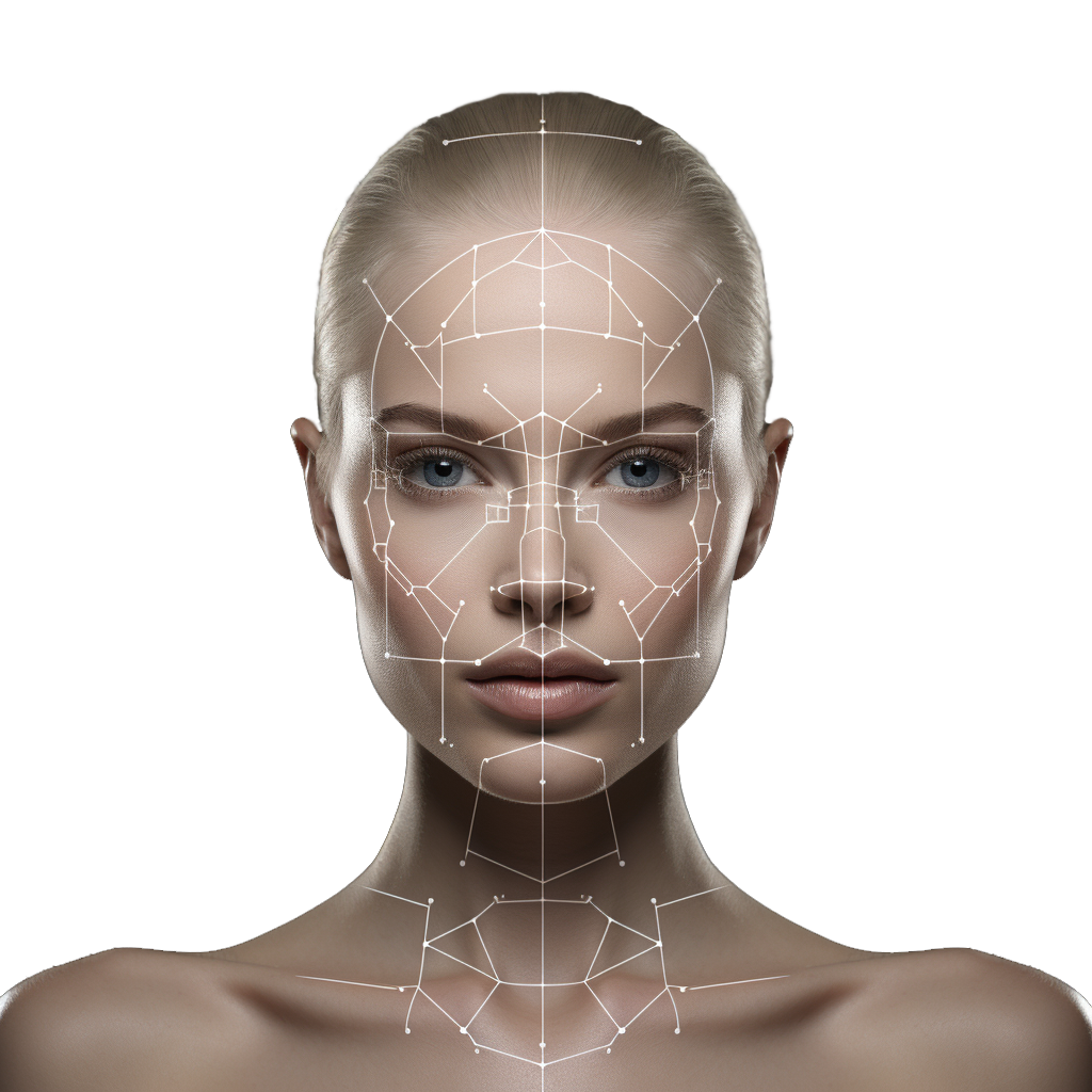 Stylized human face with facial recognition mesh overlay on a white background