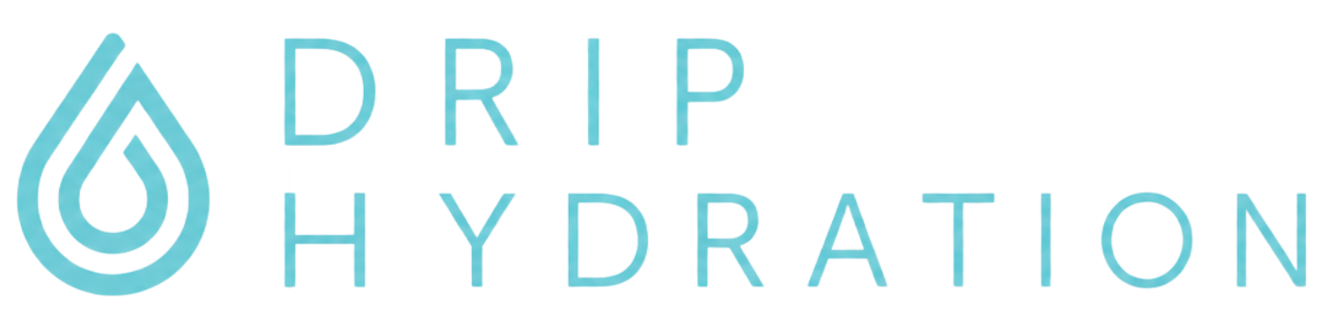 Drip Hydration logo with a blue water droplet icon and teal text on a white background