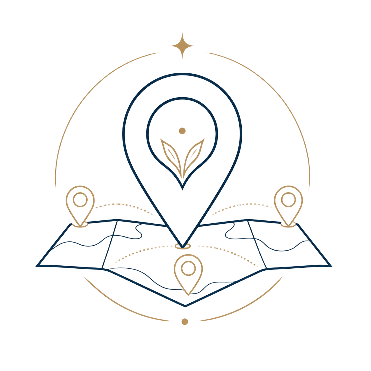 Stylized map with location pins and a large central blue pin over gold accents
