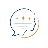 Minimal line-art logo of a human profile in a speech bubble with gold stars and navy accents