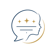 Minimal line-art logo of a human profile in a speech bubble with gold stars and navy accents