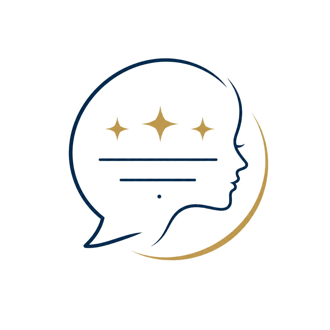 Minimal line-art logo of a human profile in a speech bubble with gold stars and navy accents