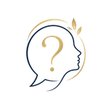 Minimal line-art logo of a head profile with a gold question mark inside and a gold leaf accent