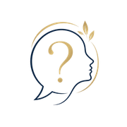 Minimal line-art logo of a head profile with a gold question mark inside and a gold leaf accent