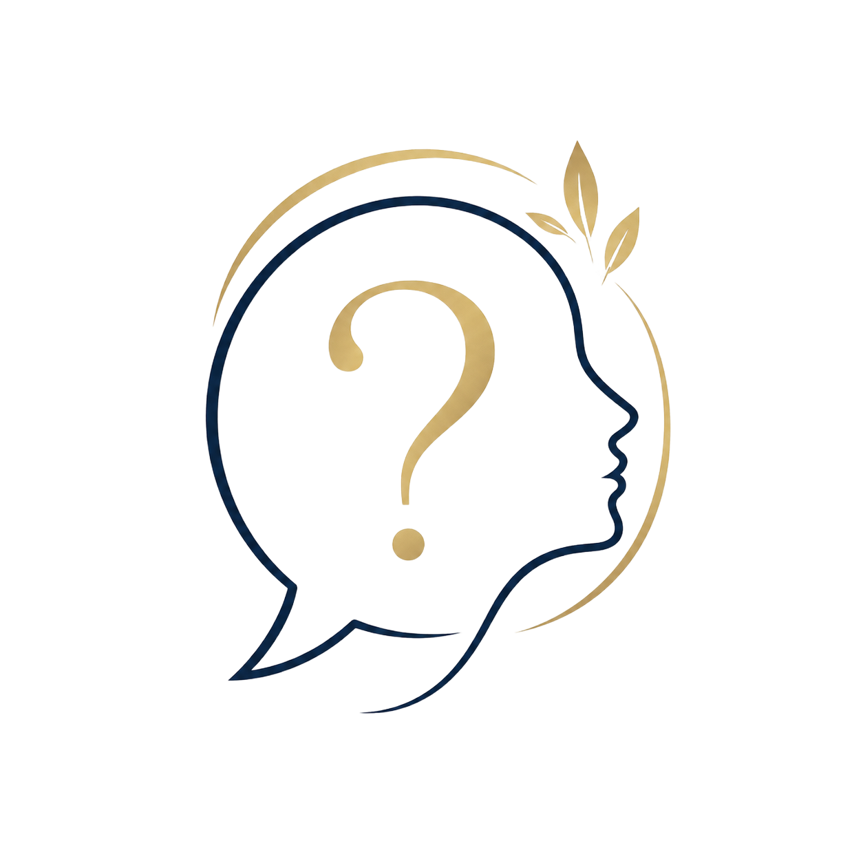 Minimal line-art logo of a head profile with a gold question mark inside and a gold leaf accent