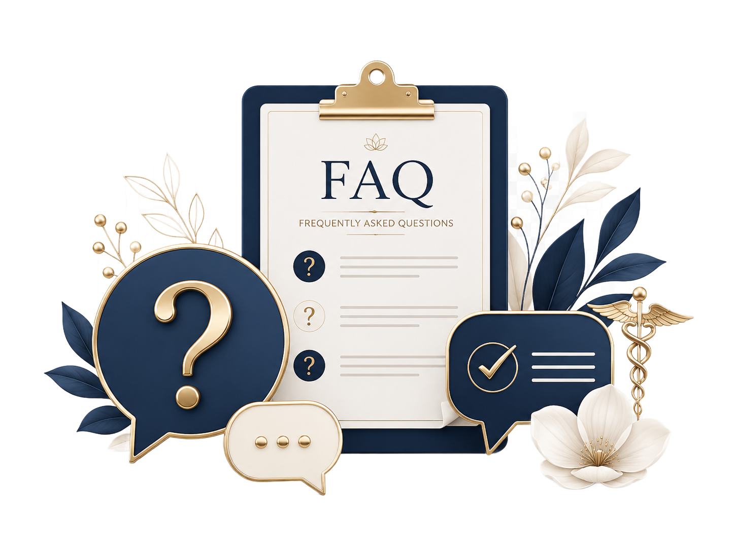 FAQ help graphic with clipboard, question marks, chat bubbles, and navy-gold floral accents