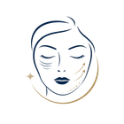 Stylized face logo with closed eyes, navy lines, and a gold crescent swoosh on a white background