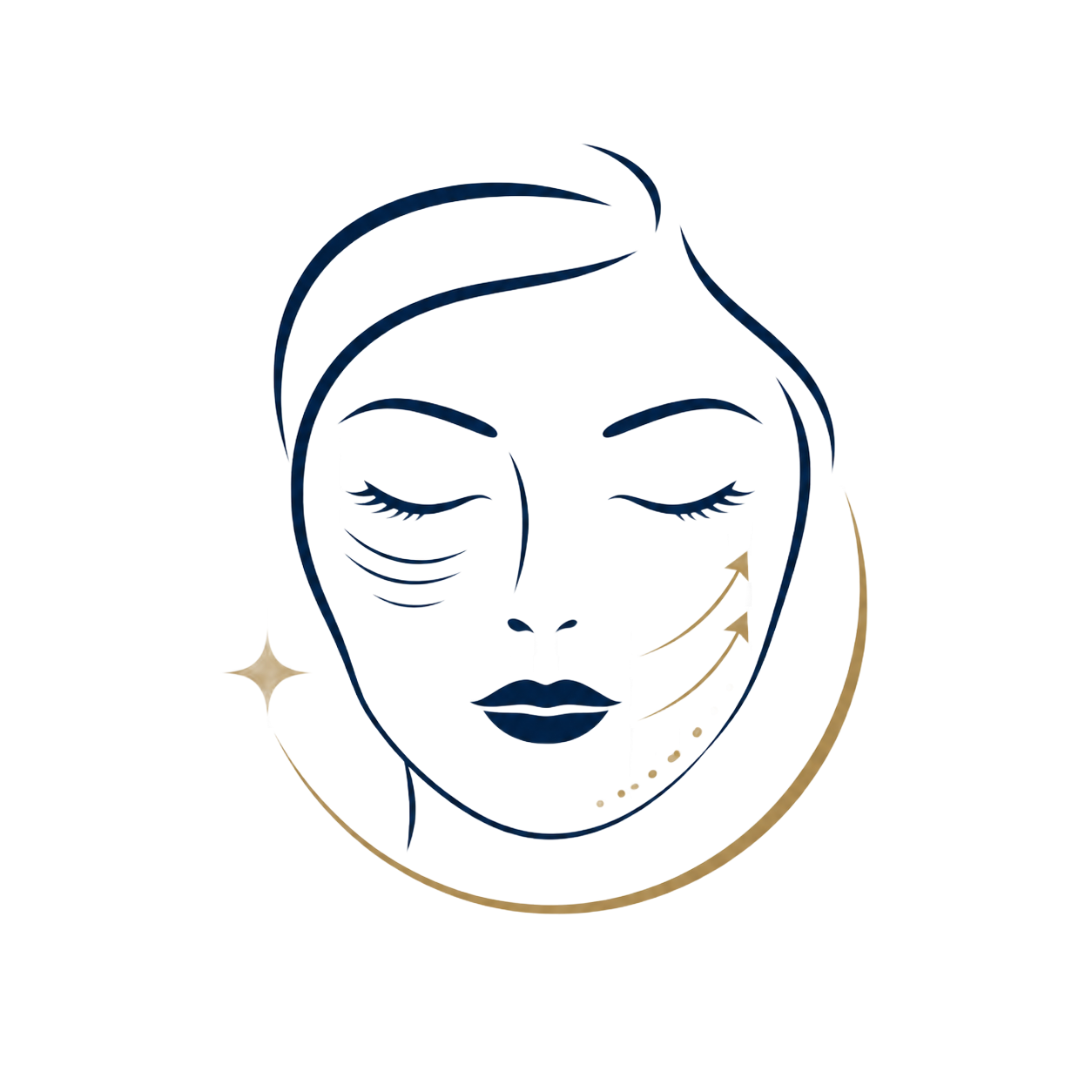 Stylized face logo with closed eyes, navy lines, and a gold crescent swoosh on a white background