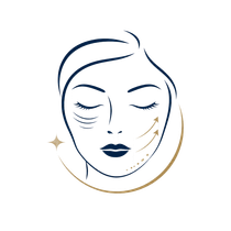 Stylized face logo with closed eyes, navy lines, and a gold crescent swoosh on a white background