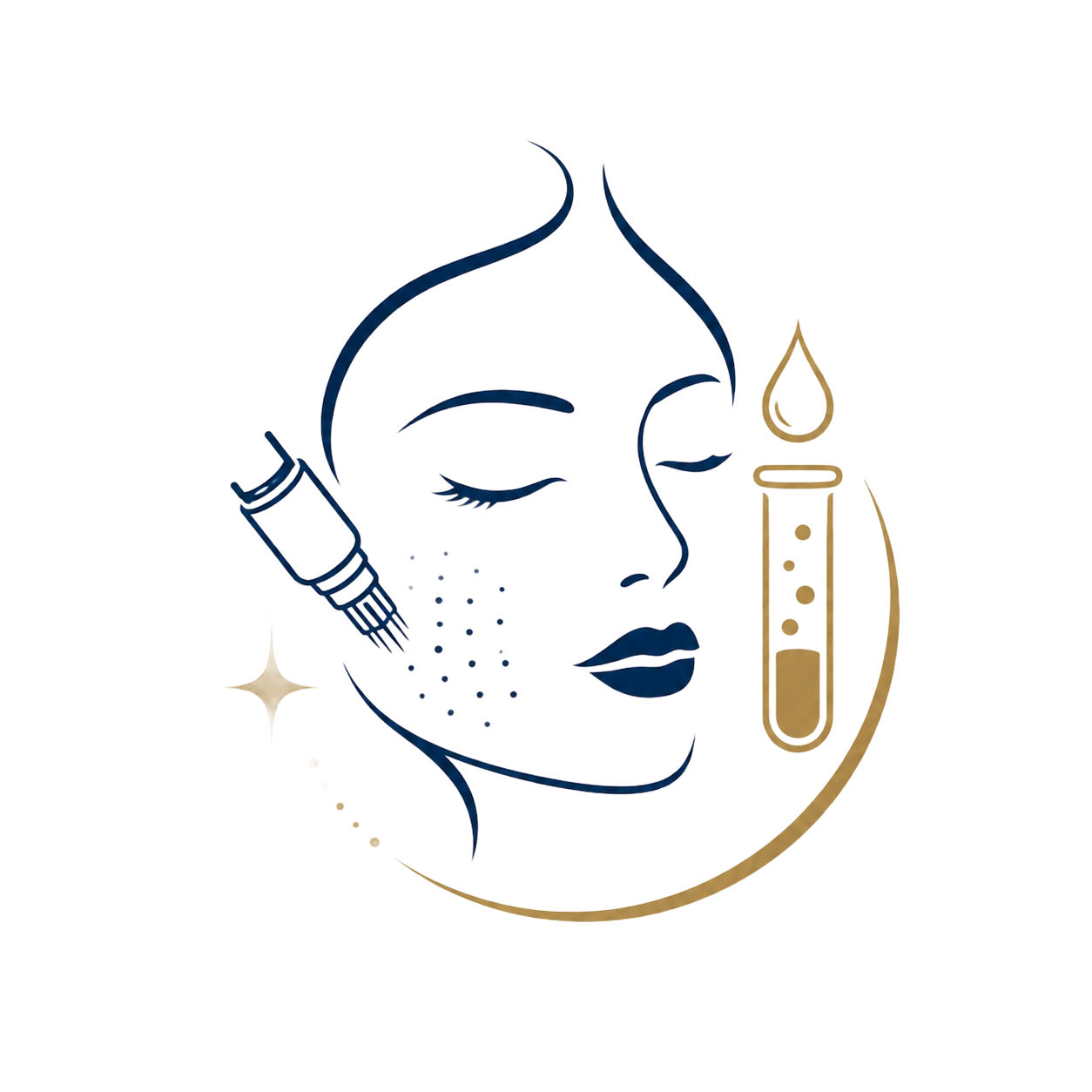 Minimal skincare logo with face, syringe, serum dropper, and gold arc