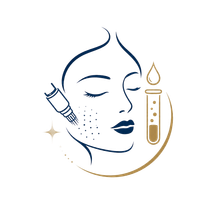 Minimal skincare logo with face, syringe, serum dropper, and gold arc