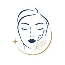 Minimal line-art face logo with closed eyes, navy and gold accents, and a small sparkle.