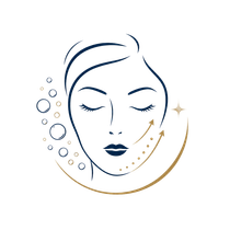 Minimal skincare logo with a stylized face, gold swirl, and bubbles on a white background