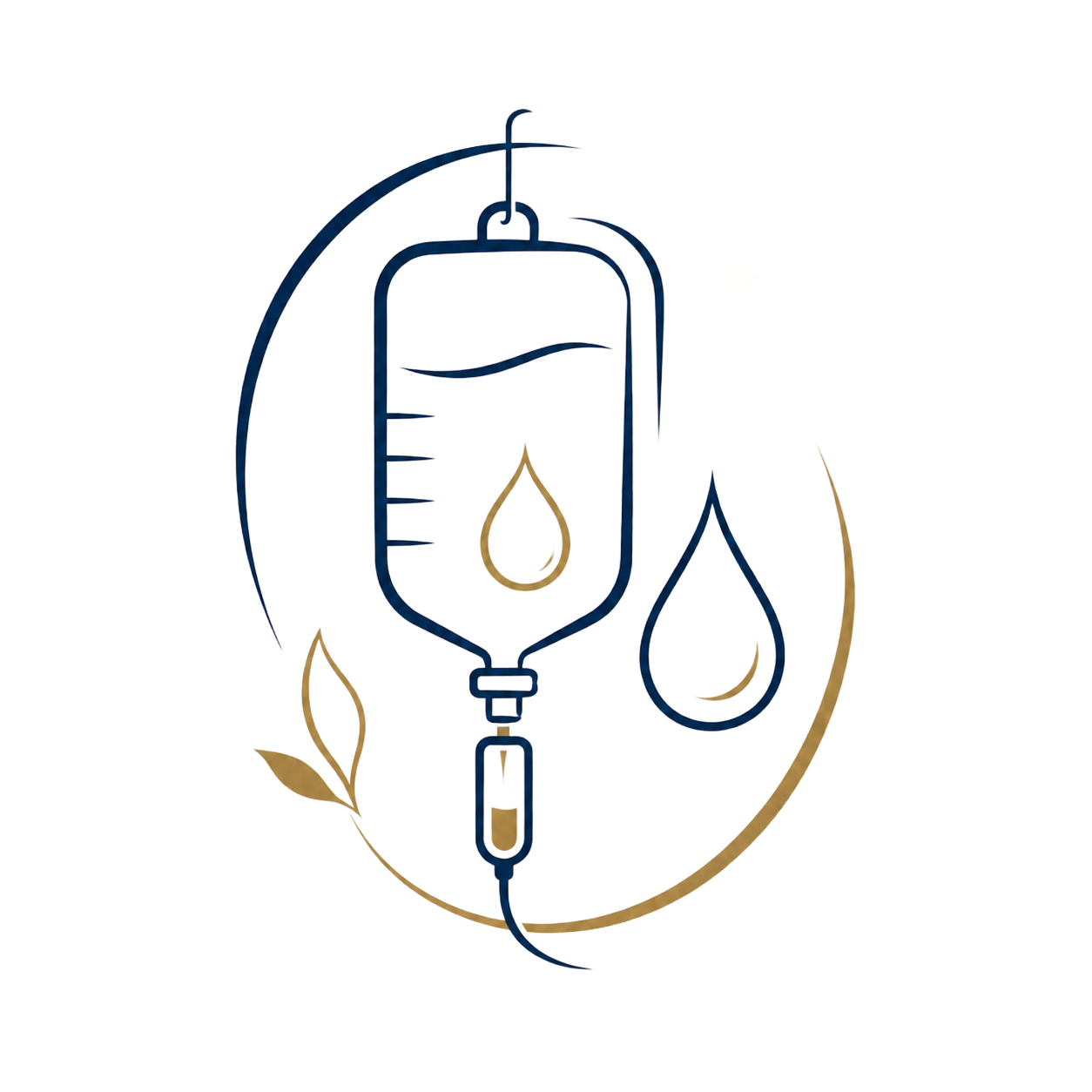 Minimal line-art of an IV drip bag with gold leaf and water-drop accents on a white background