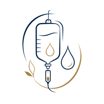 Minimal line-art of an IV drip bag with gold leaf and water-drop accents on a white background
