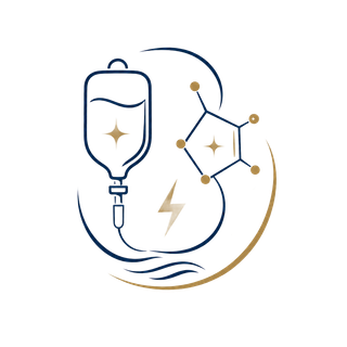 Minimal blue and gold medical logo with IV bag, molecule nodes, and lightning bolt