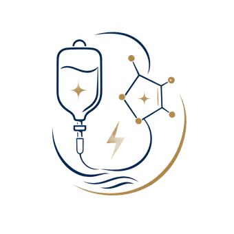 Minimal blue and gold medical logo with IV bag, molecule nodes, and lightning bolt
