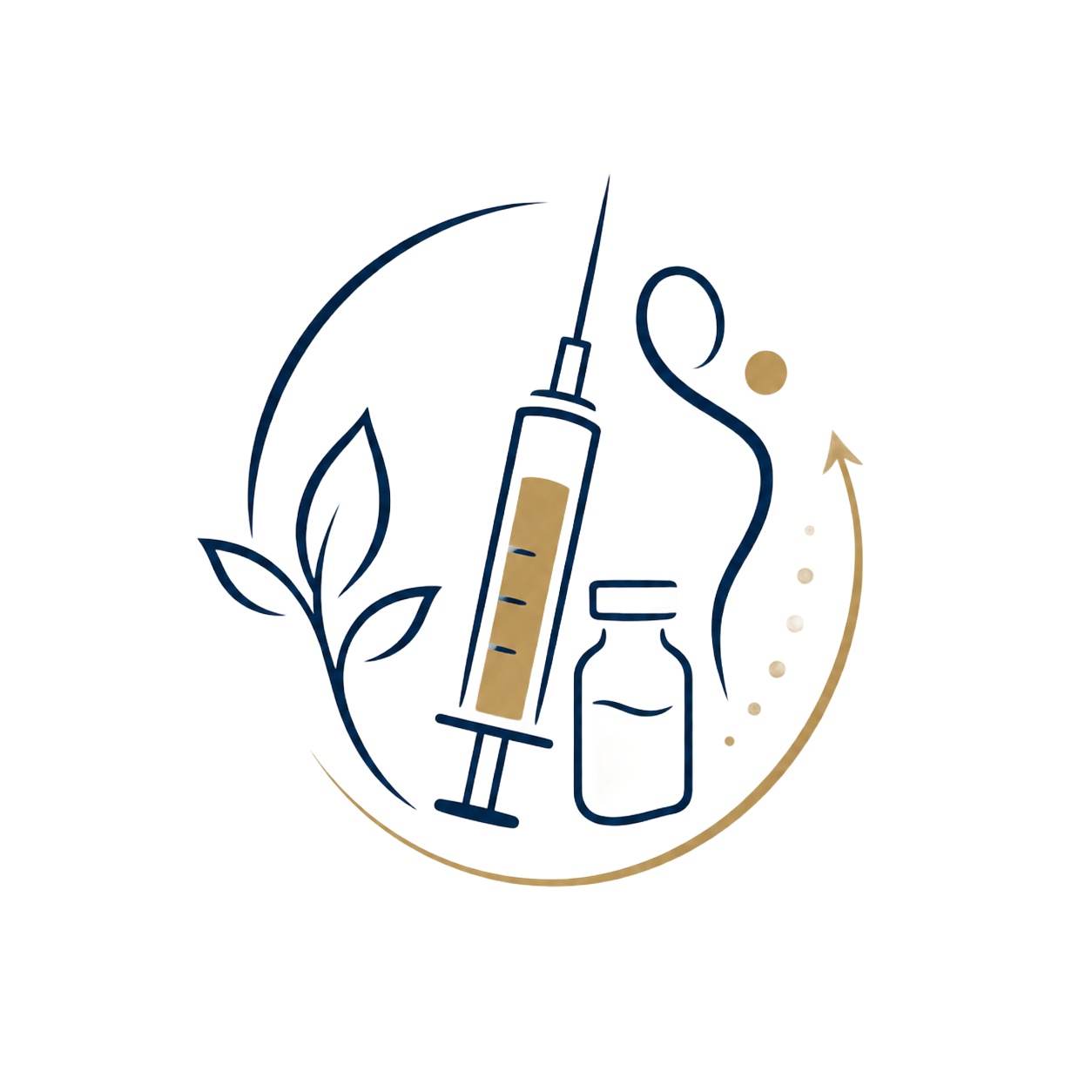 Syringe and vial with leaf motif and gold accents, suggesting a natural or botanical healthcare product
