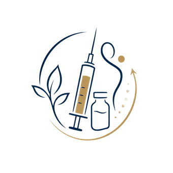 Syringe and vial with leaf motif and gold accents, suggesting a natural or botanical healthcare product
