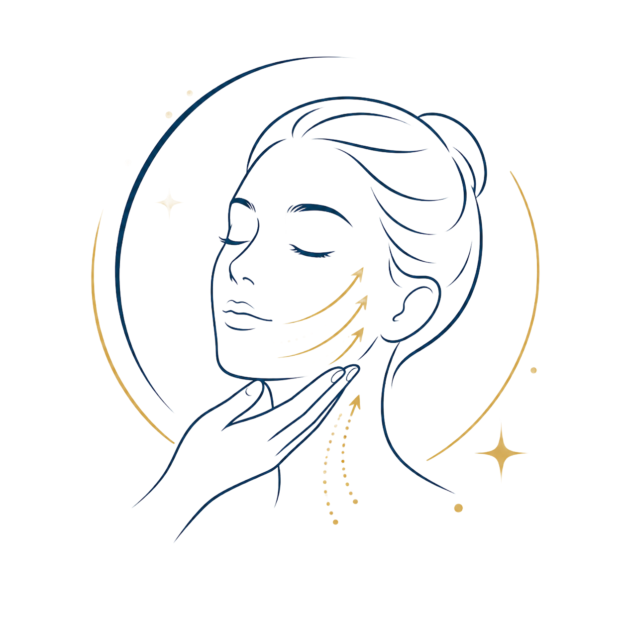 Line-art facial massage illustration with a hand on the neck and gold accent circles.