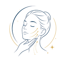 Line-art facial massage illustration with a hand on the neck and gold accent circles.