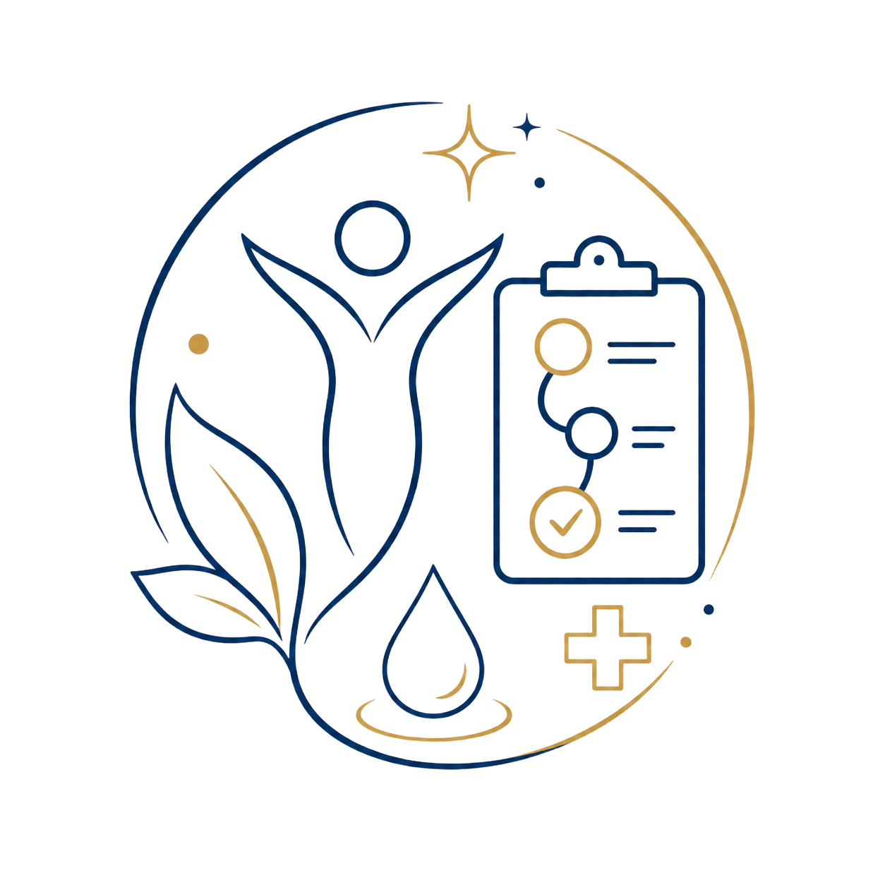 Minimal blue and gold wellness icon with human figure, leaf, water drop, clipboard, and medical cross