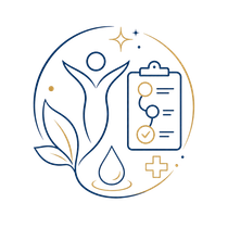 Minimal blue and gold wellness icon with human figure, leaf, water drop, clipboard, and medical cross