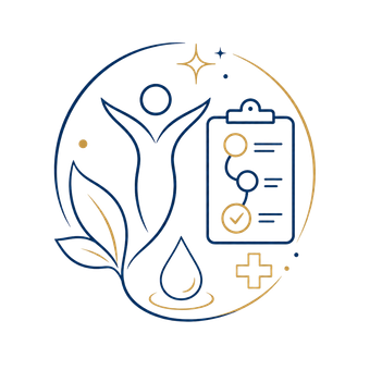 Minimal blue and gold wellness icon with human figure, leaf, water drop, clipboard, and medical cross