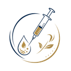A gold-and-navy logo of a syringe above a droplet and leaf inside a circular outline.
