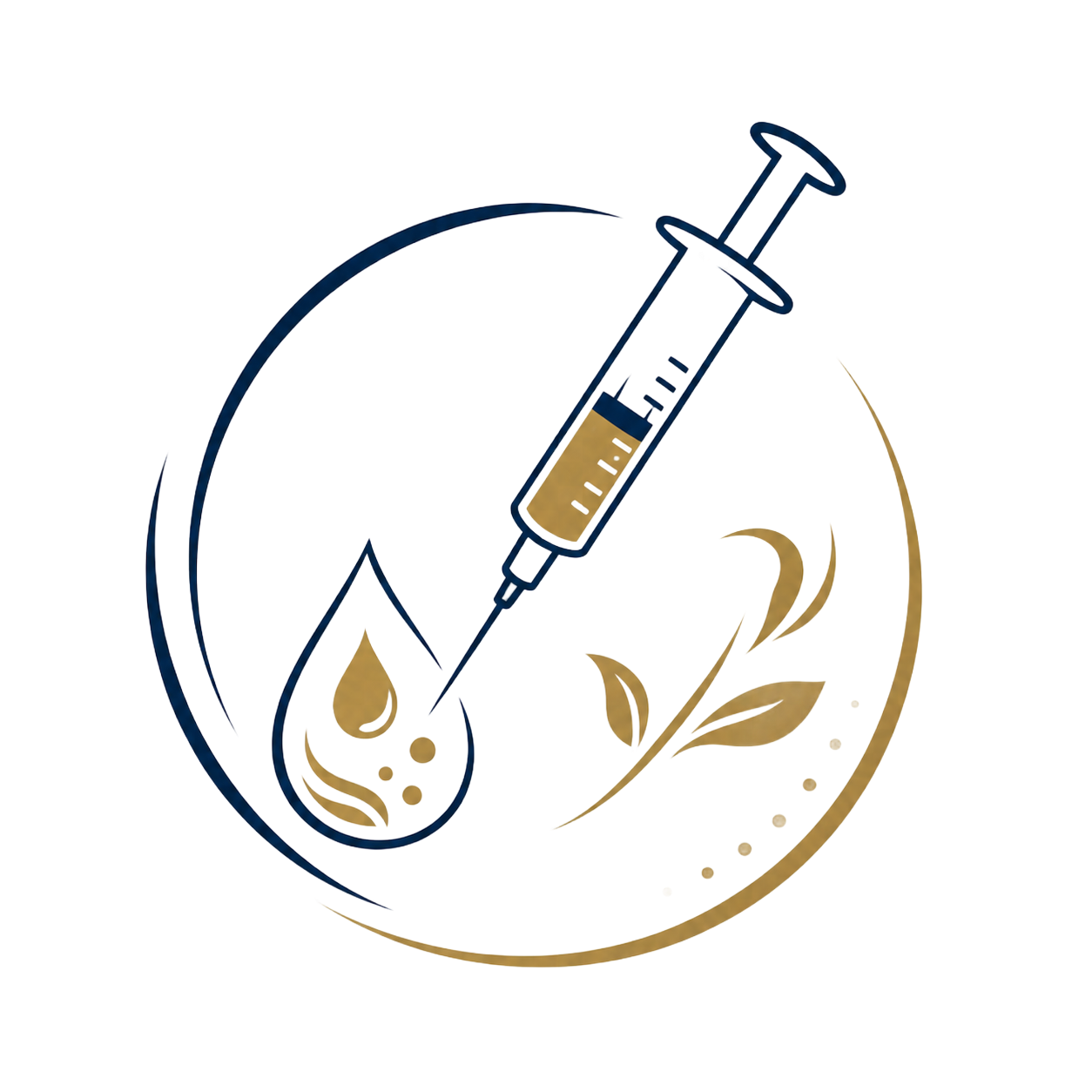 Syringe and droplet logo with gold and navy accents, suggesting medical or cosmetic injection.