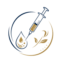 A gold-and-navy logo of a syringe above a droplet and leaf inside a circular outline.