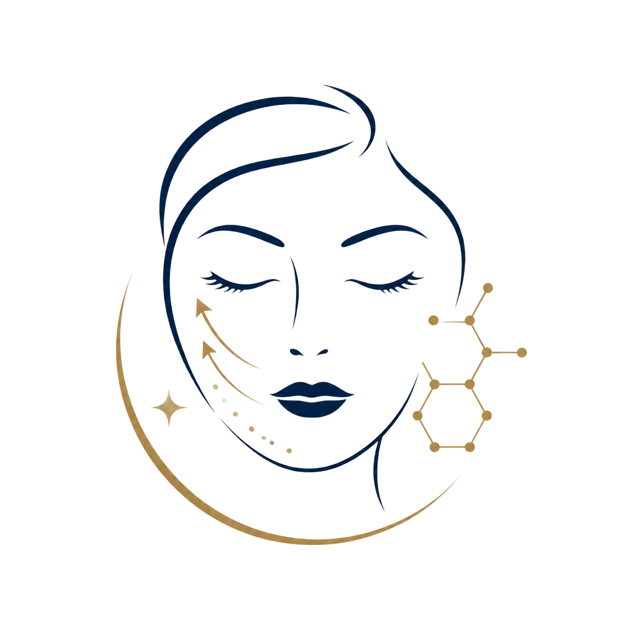 Stylized face logo with closed eyes, gold curved accents, and molecular hexagon design