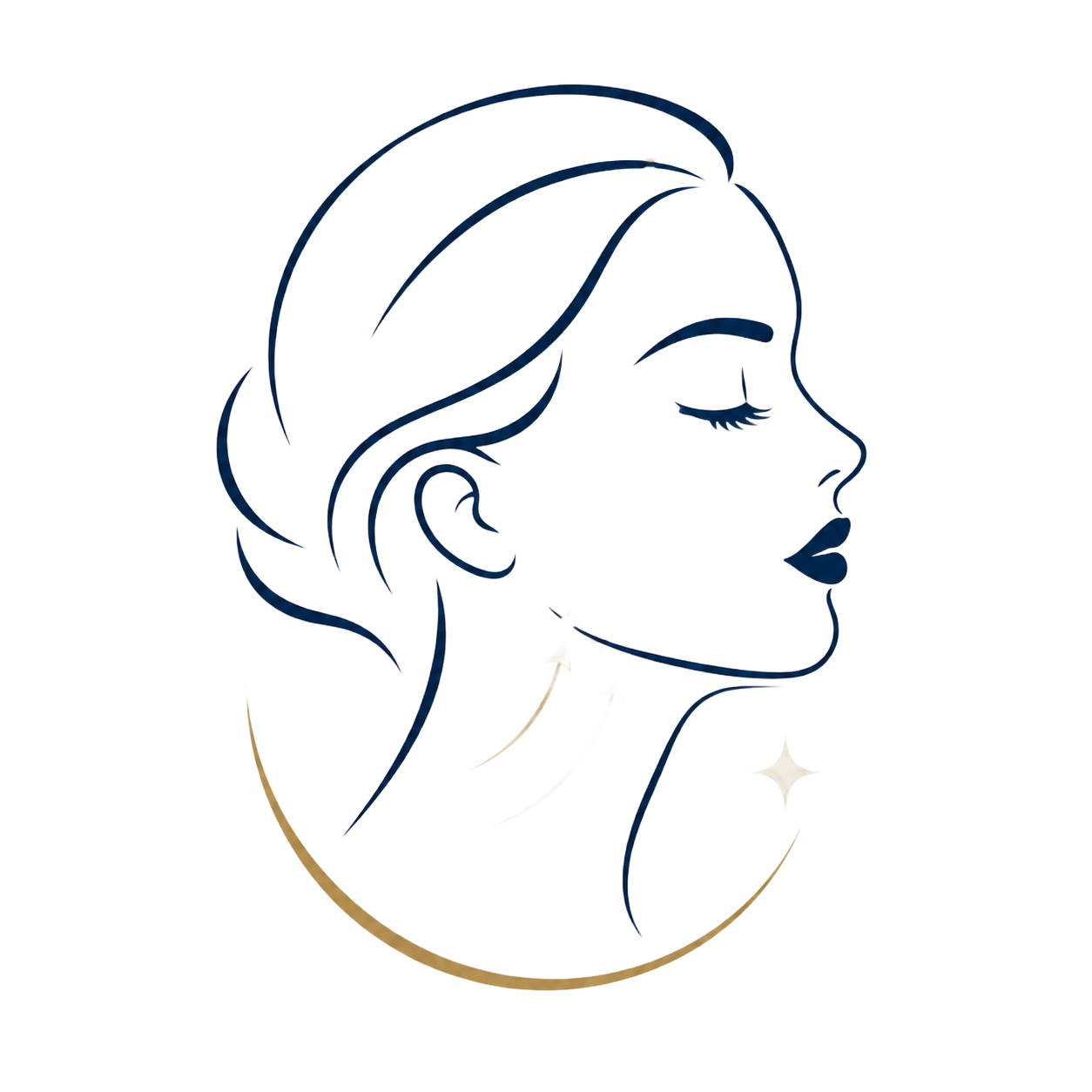 Minimal line-art profile of a woman with closed eyes and dark lips in navy and gold.